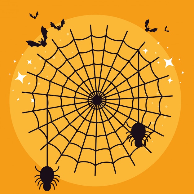Halloween card with spider web and bats flying