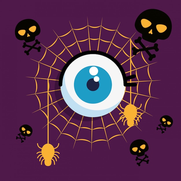 Free vector halloween card with spider web and eye human