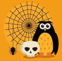 Free vector halloween card with spider web and owl