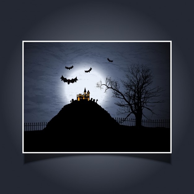 Free vector halloween card with spooky house and bats