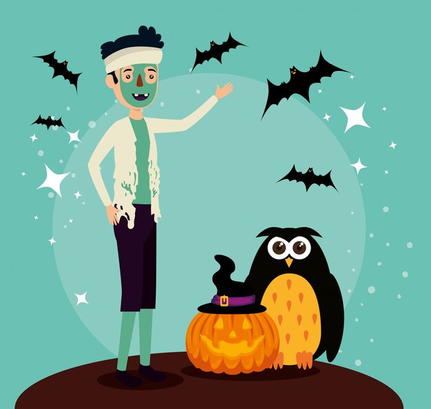 Halloween card with zombie disguise and owl