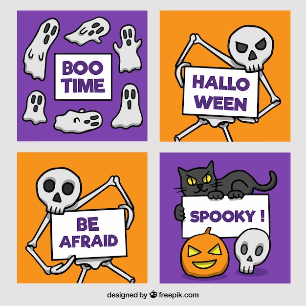 Free vector halloween cards with funny skeleton