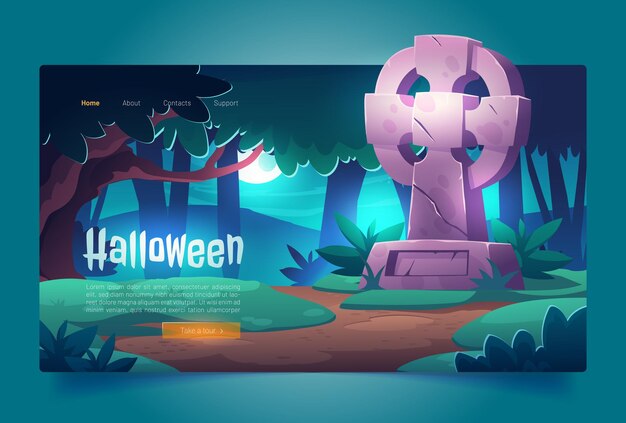 Halloween cartoon landing page night cemetery