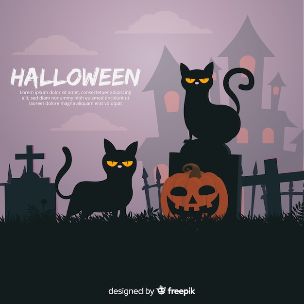 フラットデザインのハロウィンの猫の背景