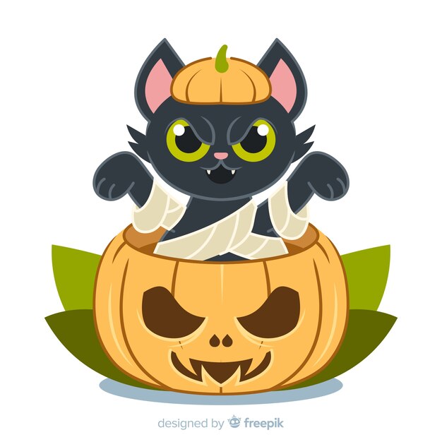 Хэллоуин кошачий фон в плоском дизайне