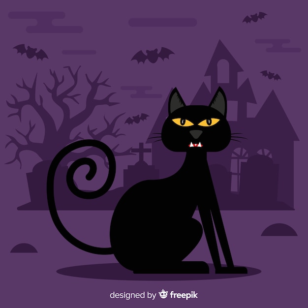 無料ベクター フラットなデザインのハロウィーンの猫の背景