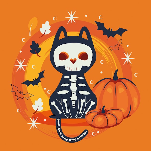 頭蓋骨のキャラクターを装ったハロウィン猫