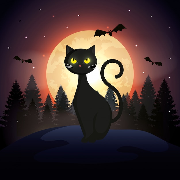 Vettore gratuito gatto di halloween con i pipistrelli che volano e luna nella notte scura