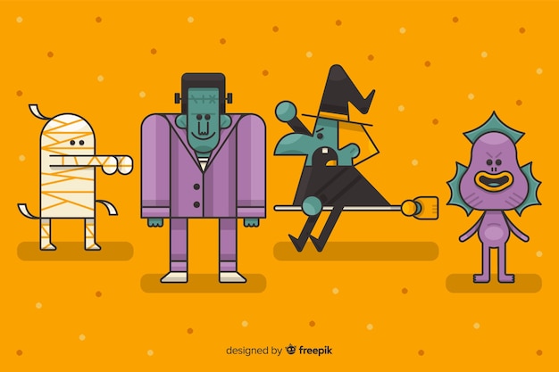 Halloween character collection on orange background