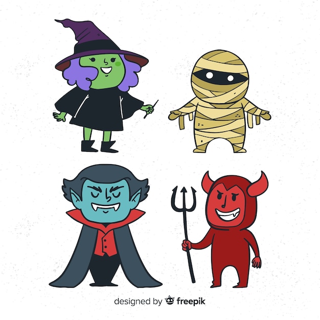 Halloween characters collection in hand drawn style