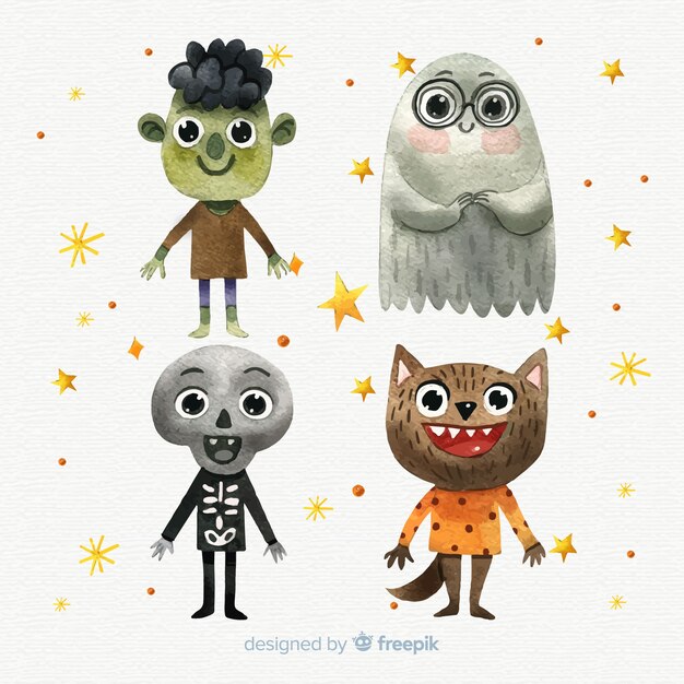 Halloween characters collection in watercolor