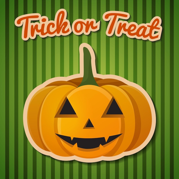 Free vector halloween composition with trick or treat headline and cute smiling pumpkin.