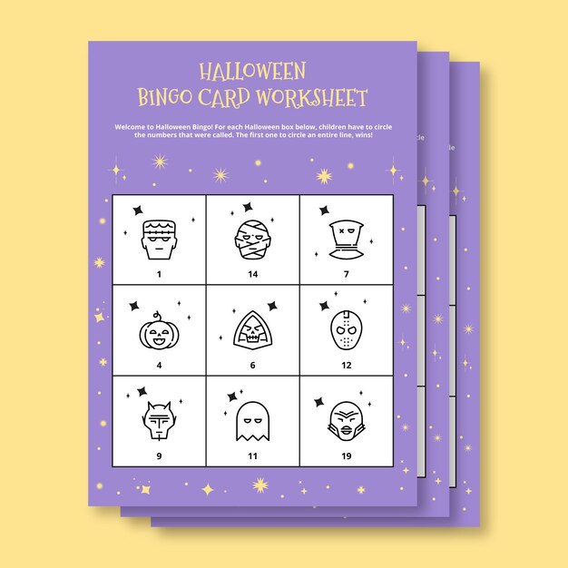 Vettore gratuito foglio di lavoro della carta del bingo del costume di halloween