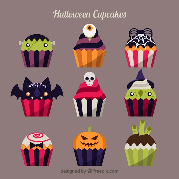 Free vector halloween cupcakes set in flat design