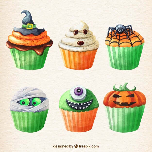 Halloween cupcakes in watercolor style