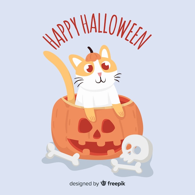 フラットデザインのハロウィーンのかわいい猫の背景