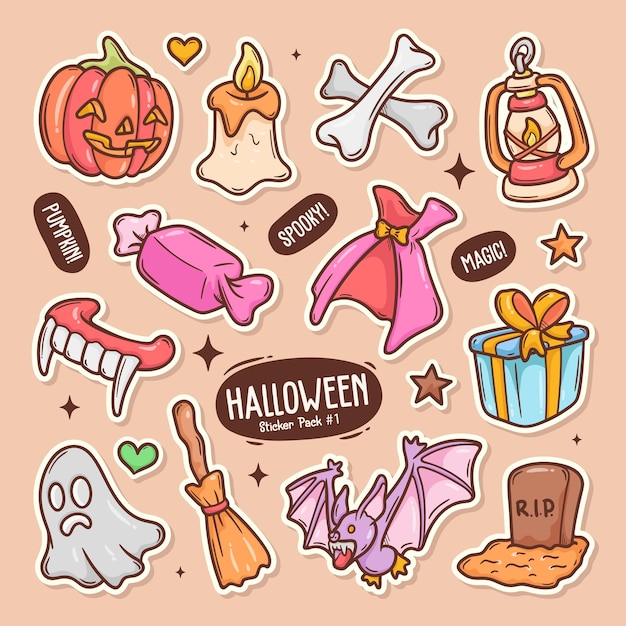 無料ベクター ハロウィーンのかわいい落書きベクトル ステッカー コレクション