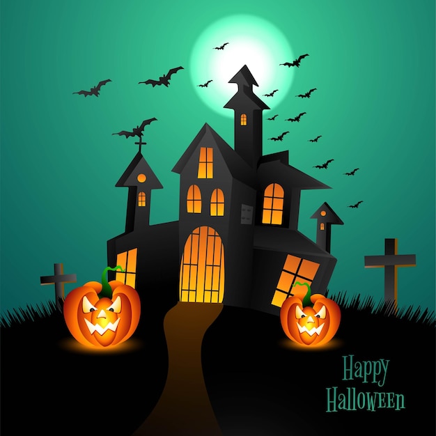 Halloween dark castle on a green moon and bats background