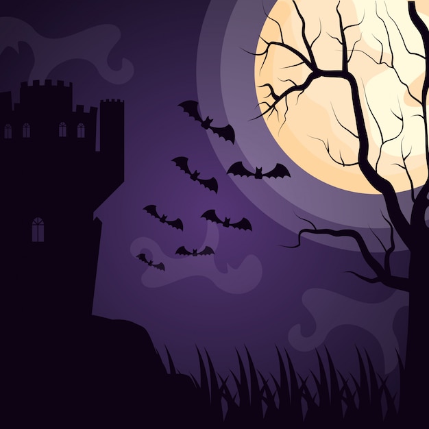 Halloween dark castle with bats flying