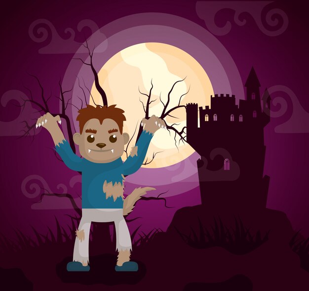 Free vector halloween dark castle with werewolf