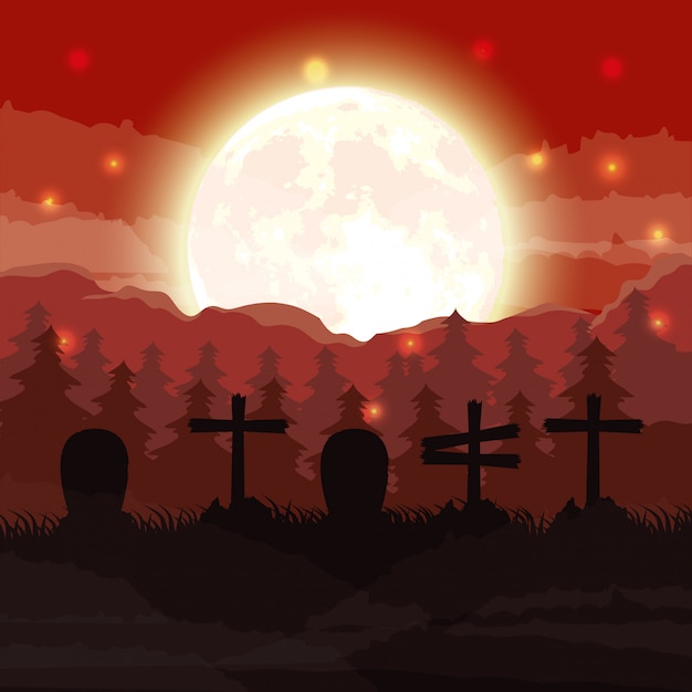 Free vector halloween dark cemetery night scene