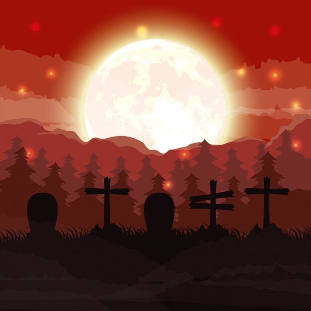 ハロウィーンの暗い墓地の夜景