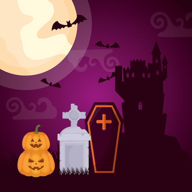 Halloween dark cemetery with coffin