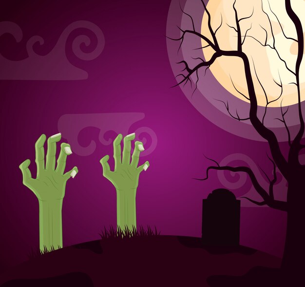 Halloween dark cemetery with zombie hand