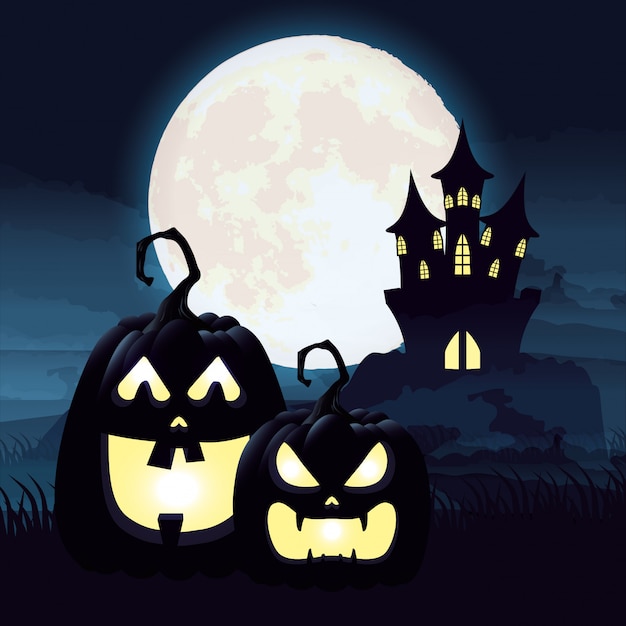 Хэллоуин темная ночная сцена с тыквами и замком