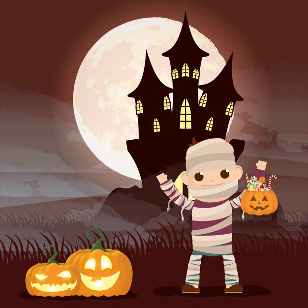 Хэллоуин темная ночная сцена с тыквами и замаскированной мамочкой