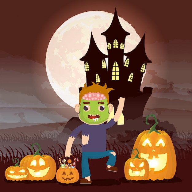 Free vector halloween dark scene with pumpkin and kid disguised frankenstein