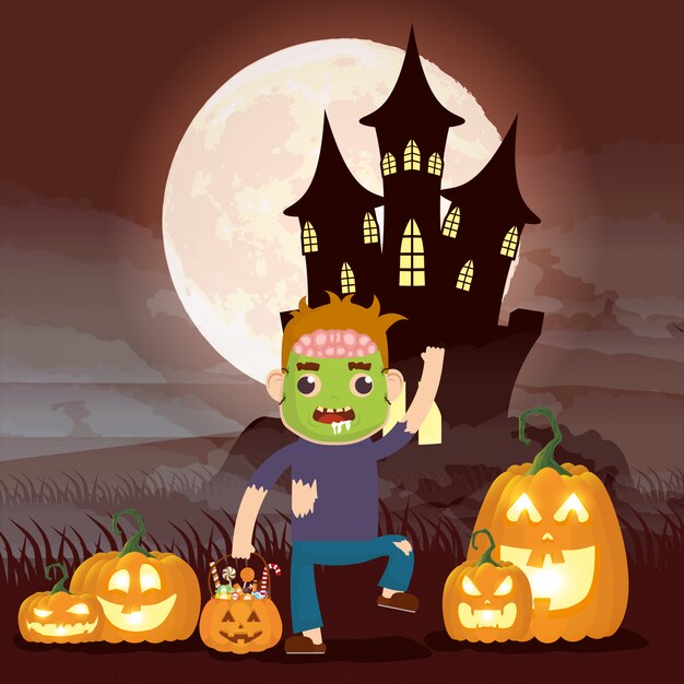 Хэллоуин темная сцена с тыквой и замаскированным ребенком Франкенштейном