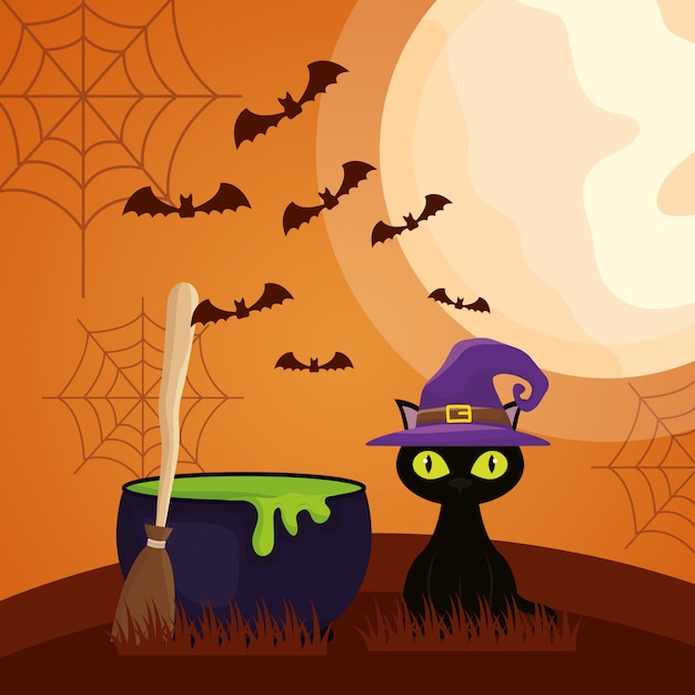 Halloween dark with cauldron and cat character