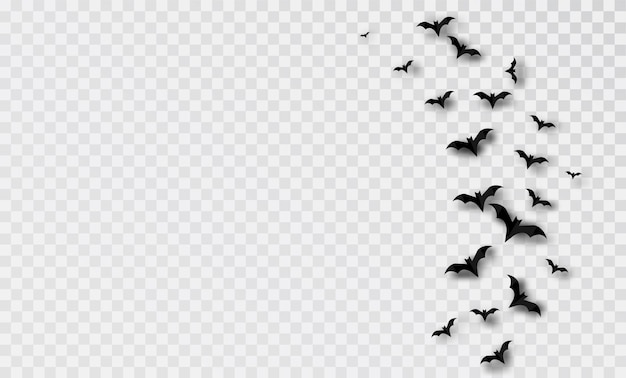 Украшение хэллоуина летающие черные летучие мыши над прозрачным фоном, вызывающие жуткую атмосферу