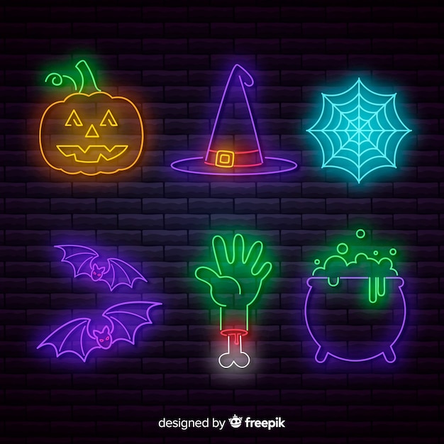 Free vector halloween element neon sign collection