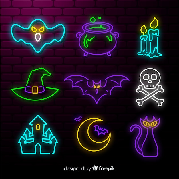 Free vector halloween element neon sign collection