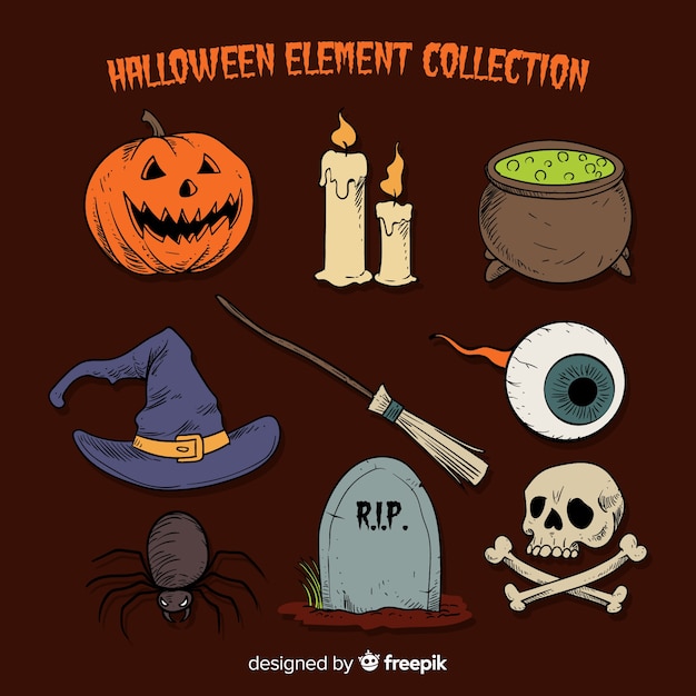 Stile disegnato della raccolta degli elementi di halloween a disposizione