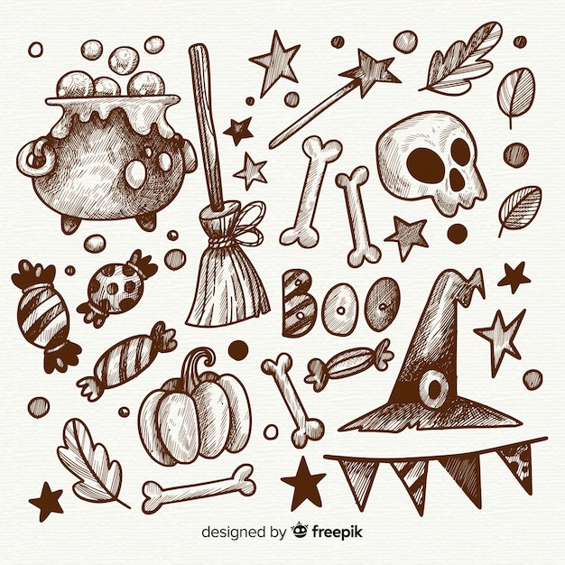 Halloween elements collection in hand drawn style