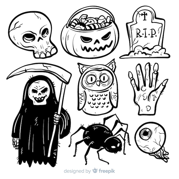 Vettore gratuito stile disegnato della raccolta degli elementi di halloween a disposizione