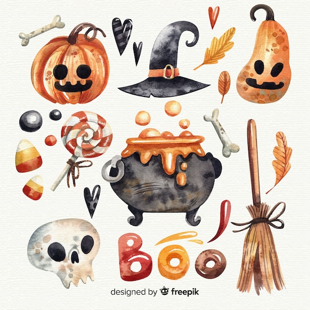 Free vector halloween elements collection in watercolor