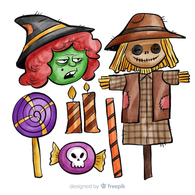 Free vector halloween elements collection in watercolor