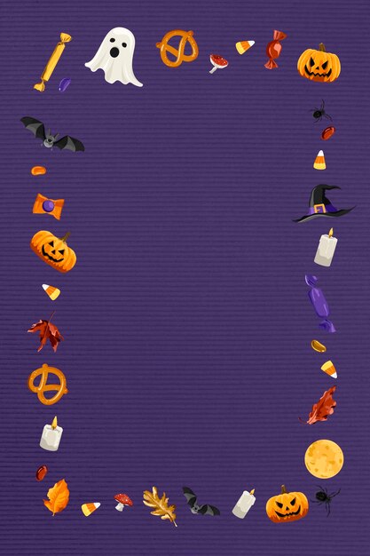 Vettore gratuito cornice di elementi di halloween sul vettore di sfondo viola