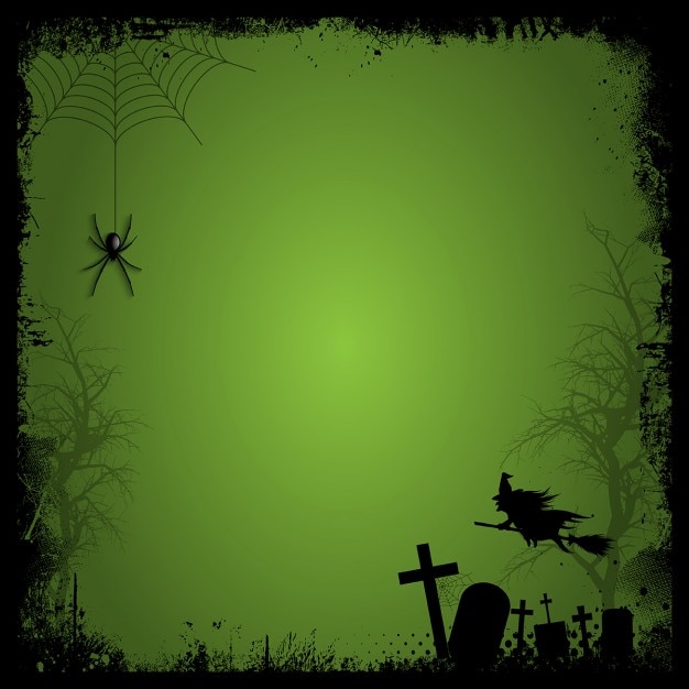 Vettore gratuito grunge background halloween con tombe strega e ragno appeso