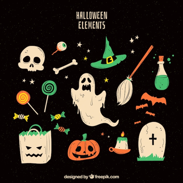 Free vector halloween elements set in vintage style