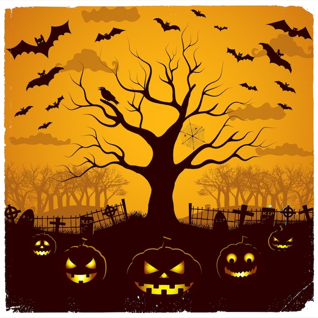 Halloween evening design with festive lanterns at cemetery tree and bats on yellow sky