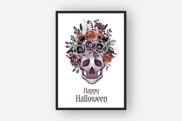 Halloween flower arrangements skull and spider watercolor illustration