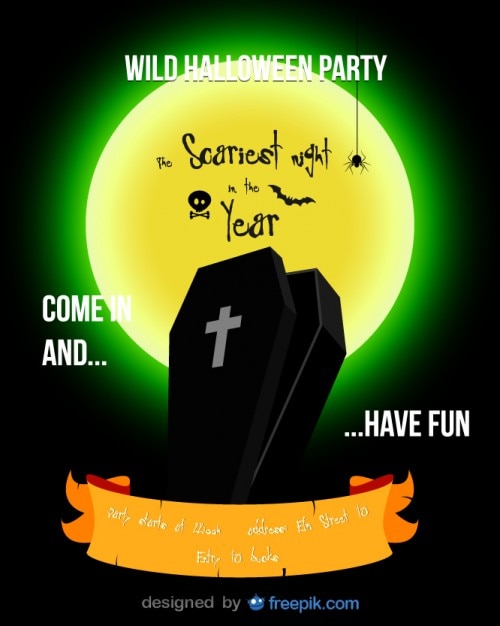 Halloween flyer with coffin in the dark night