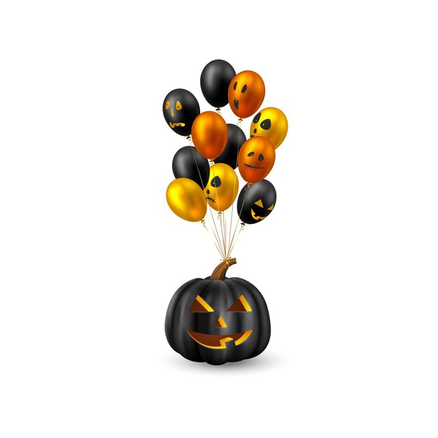 Halloween hanging pumpkin with glossy balloons. Monster faces. Isolated on white background. Vector illustration.