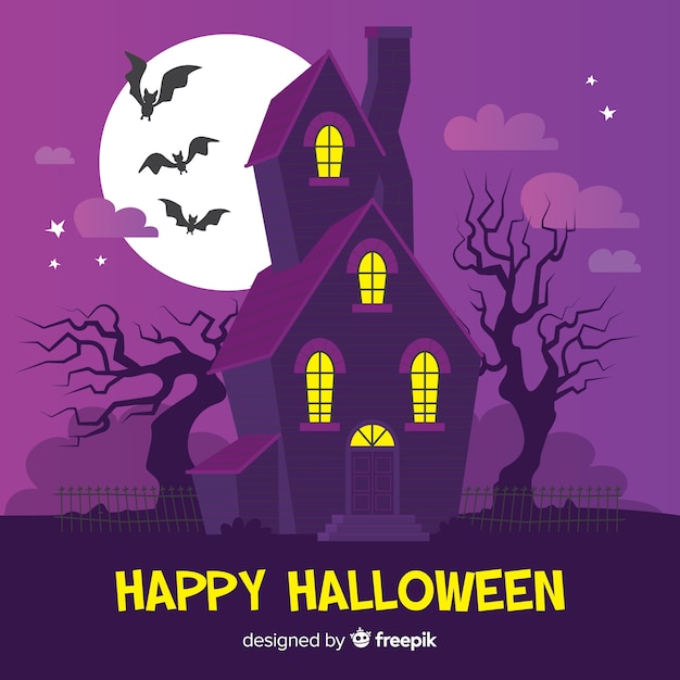 Vettore gratuito halloween haunted house background in design piatto