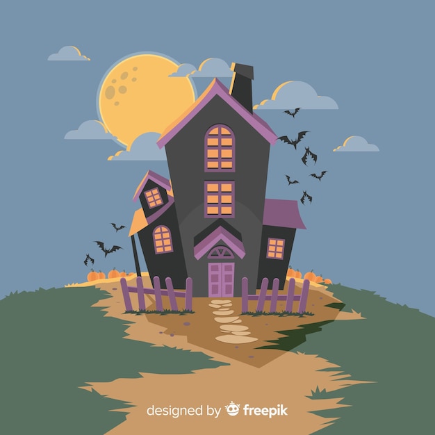 Vettore gratuito halloween haunted house background in design piatto